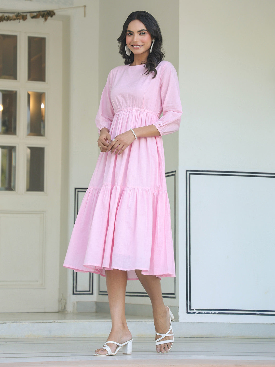 Light Pink Pure Cotton Solid Tiered Dress - qivii