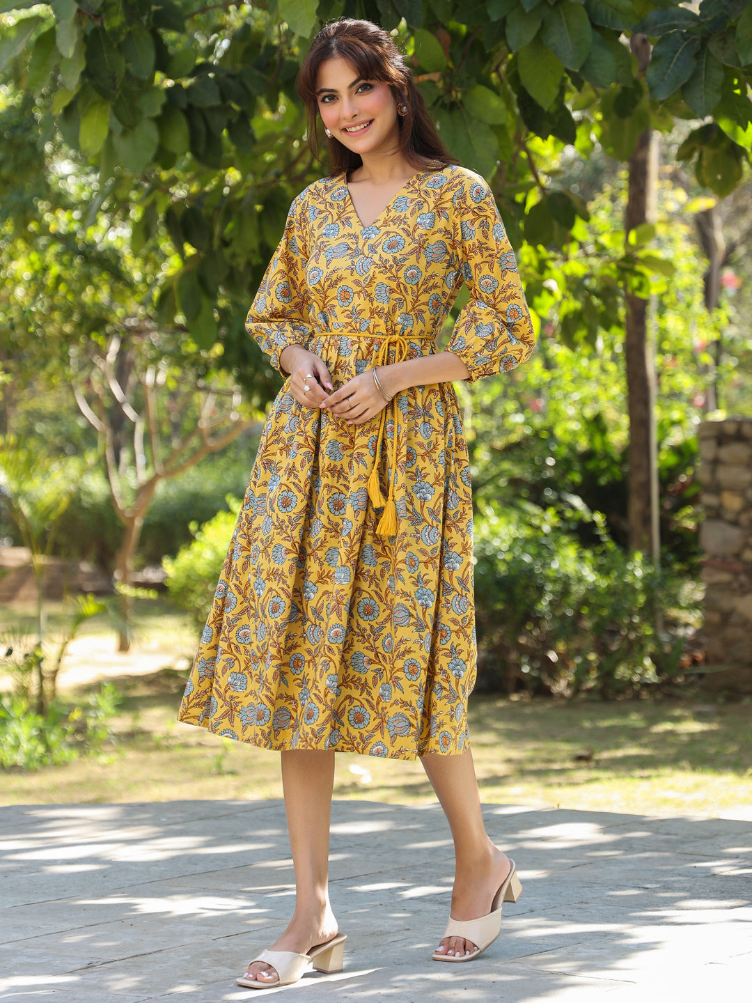 Yellow Pure Cotton Floral Printed A-line Dress