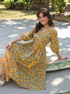 Yellow Pure Cotton Floral Printed A-line Dress