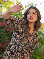 Black Pure Cotton Floral Printed A-line Dress