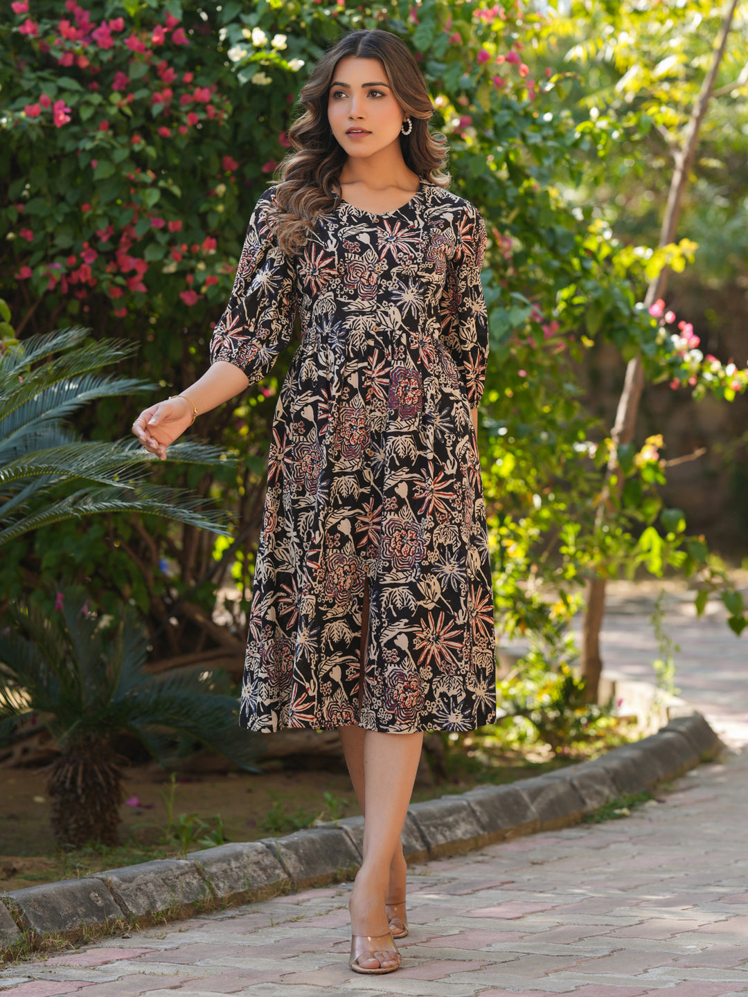 Black Pure Cotton Floral Printed A-line Dress