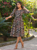 Black Pure Cotton Floral Printed A-line Dress