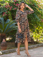 Black Pure Cotton Floral Printed A-line Dress