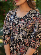 Black Pure Cotton Floral Printed A-line Dress