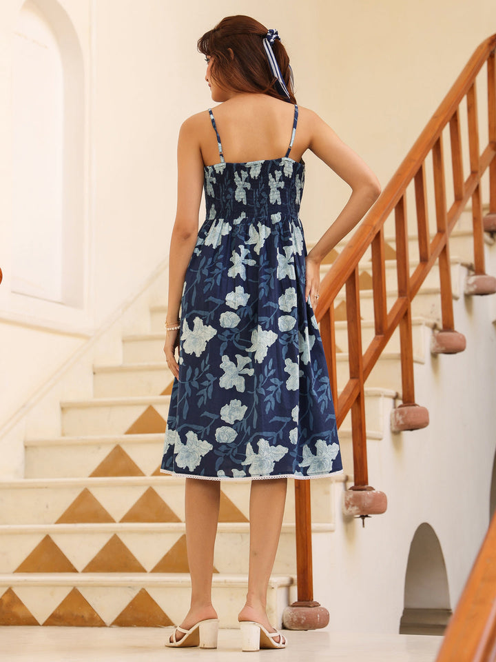 Indigo Pure Cotton Floral Printed Fit & Flare Dress - qivii