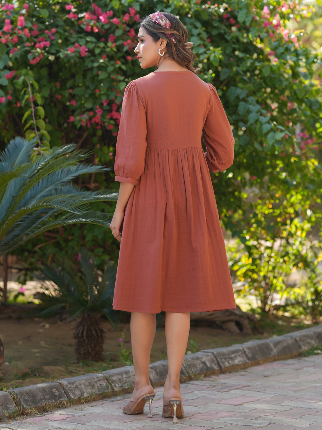 Rust Pure Cotton Solid Gathered Dress - qivii