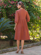 Rust Pure Cotton Solid Gathered Dress