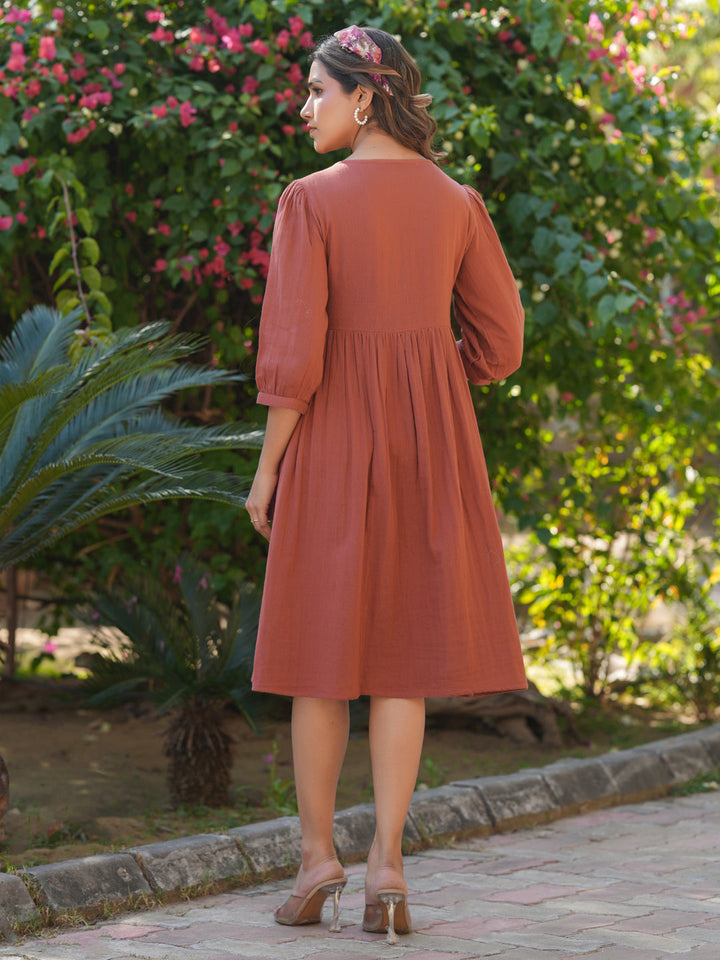 Rust Pure Cotton Solid Gathered Dress - qivii