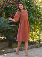 Rust Pure Cotton Solid Gathered Dress