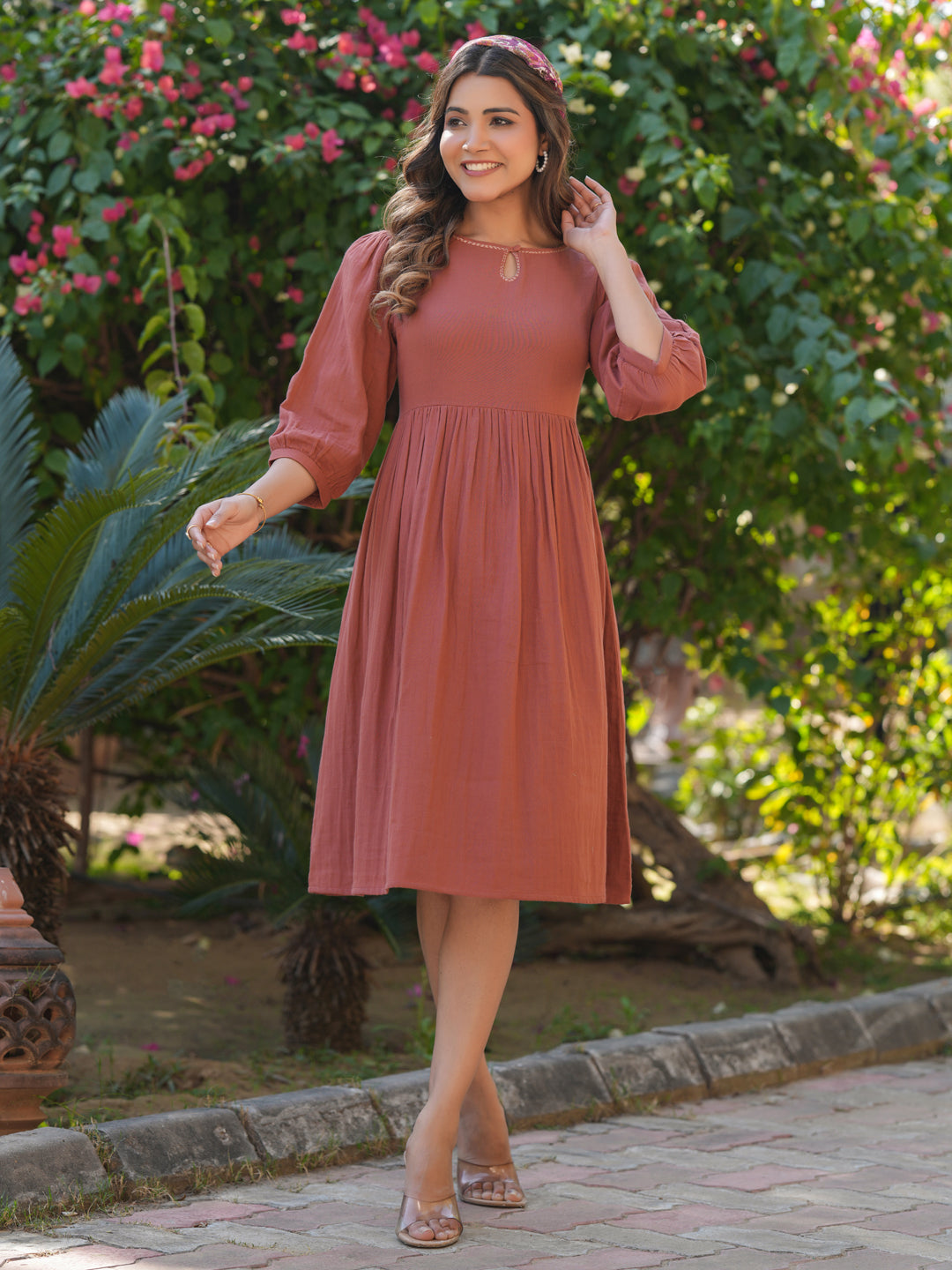 Rust Pure Cotton Solid Gathered Dress - qivii