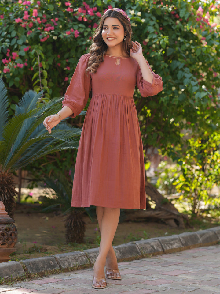 Rust Pure Cotton Solid Gathered Dress - qivii