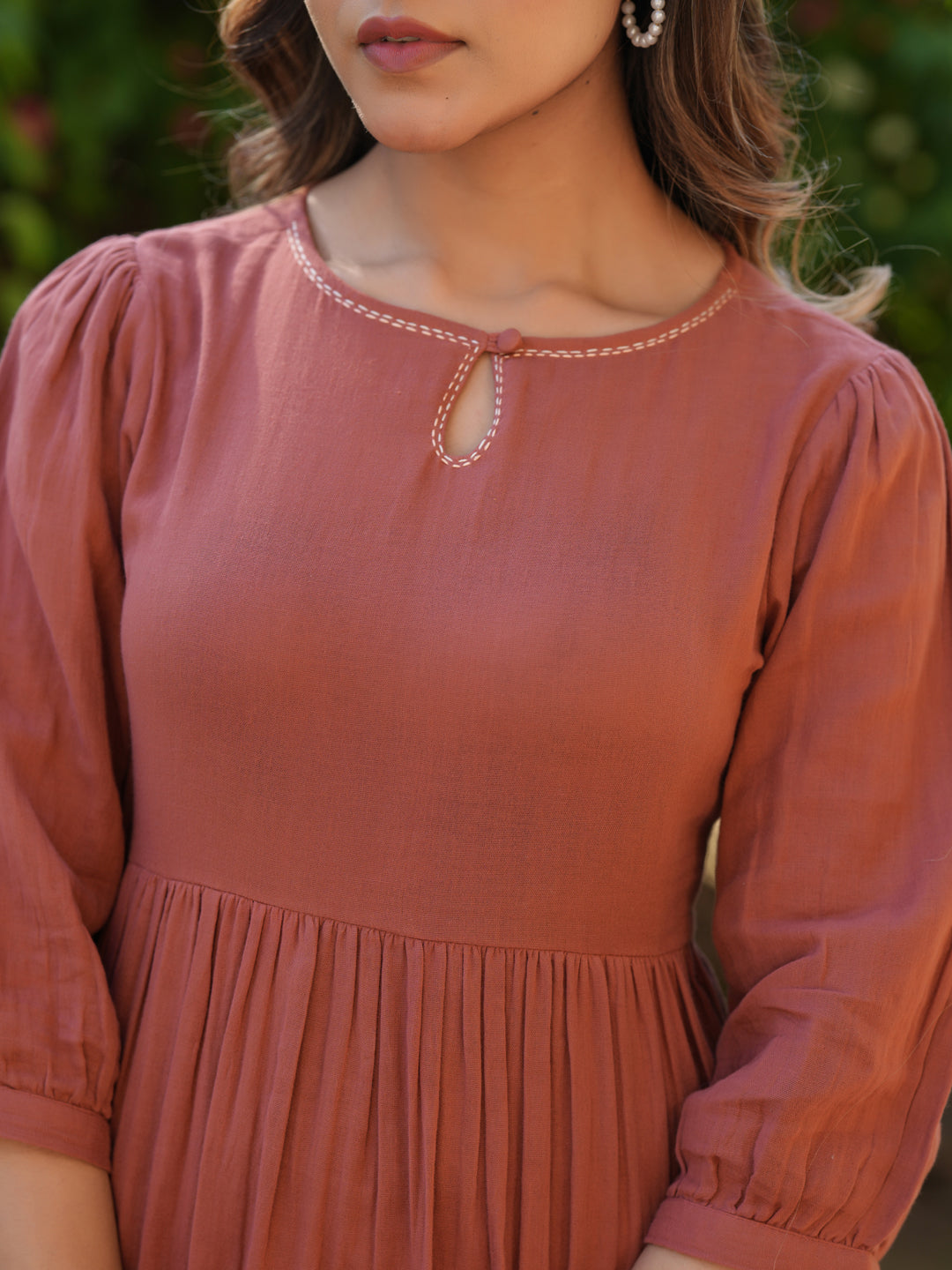 Rust Pure Cotton Solid Gathered Dress - qivii