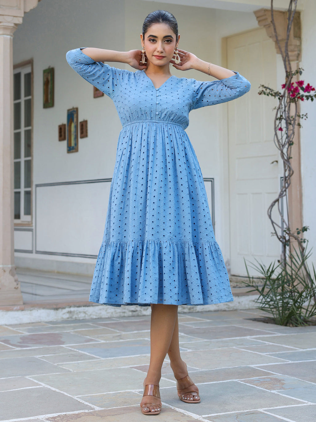 Janasya Women's Light Blue Pure Cotton Schiffli Fit & Flare Dress