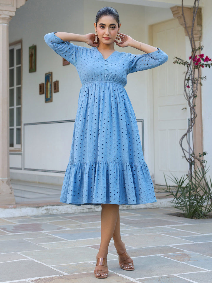 Janasya Women's Light Blue Pure Cotton Schiffli Fit & Flare Dress - qivii