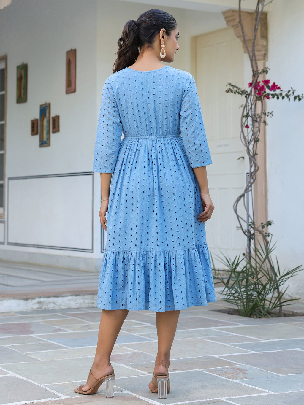 Janasya Women's Light Blue Pure Cotton Schiffli Fit & Flare Dress