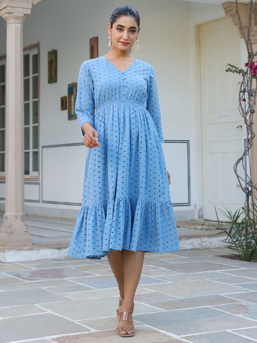 Janasya Women's Light Blue Pure Cotton Schiffli Fit & Flare Dress - qivii