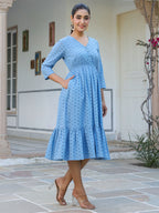 Janasya Women's Light Blue Pure Cotton Schiffli Fit & Flare Dress