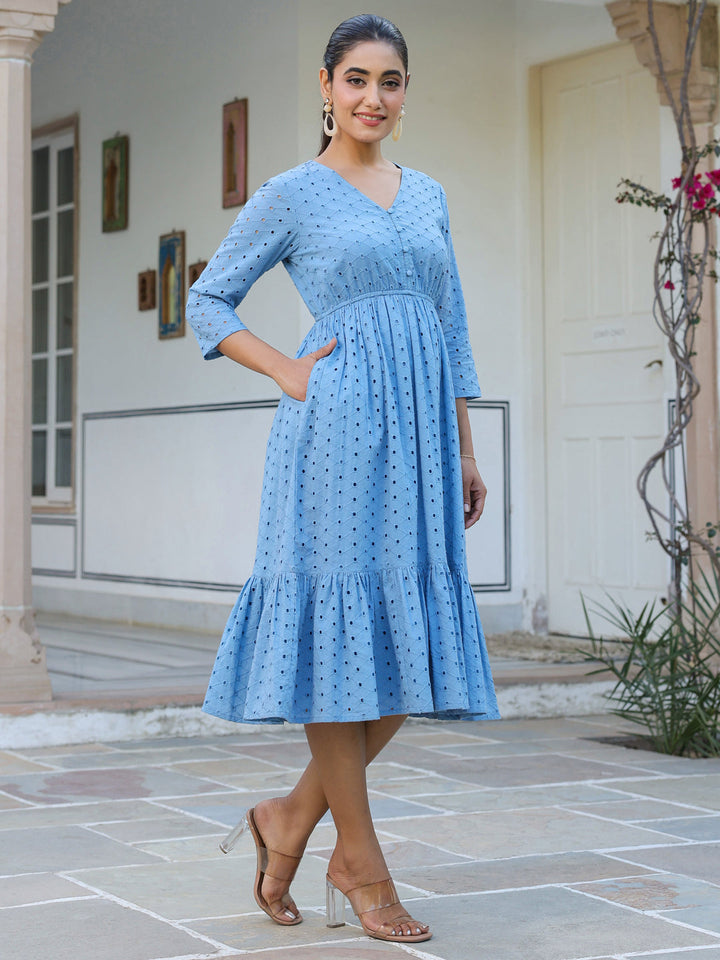 Janasya Women's Light Blue Pure Cotton Schiffli Fit & Flare Dress - qivii