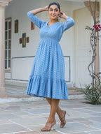 Janasya Women's Light Blue Pure Cotton Schiffli Fit & Flare Dress