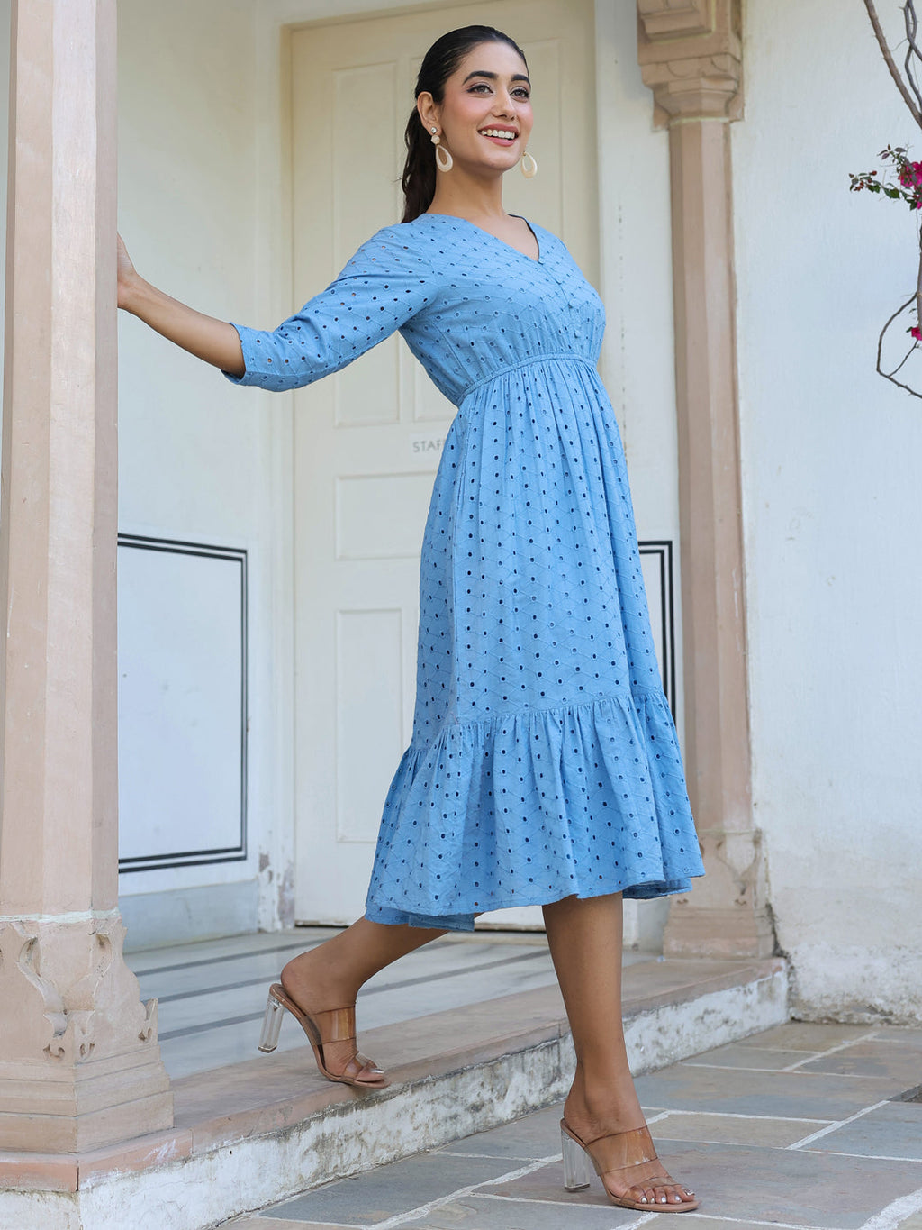 Janasya Women's Light Blue Pure Cotton Schiffli Fit & Flare Dress