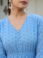 Janasya Women's Light Blue Pure Cotton Schiffli Fit & Flare Dress