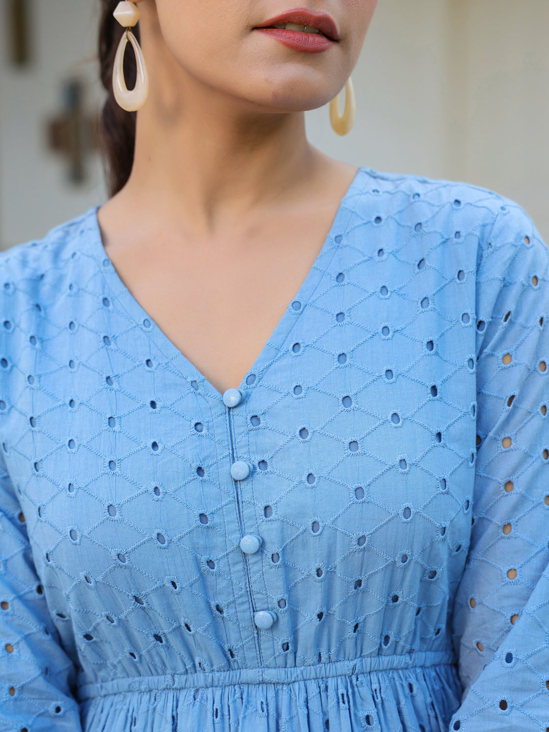 Janasya Women's Light Blue Pure Cotton Schiffli Fit & Flare Dress