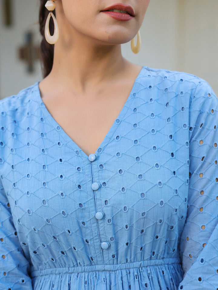 Janasya Women's Light Blue Pure Cotton Schiffli Fit & Flare Dress - qivii