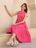 Janasya Women's Pink Pure Cotton Schiffli Tiered Dress