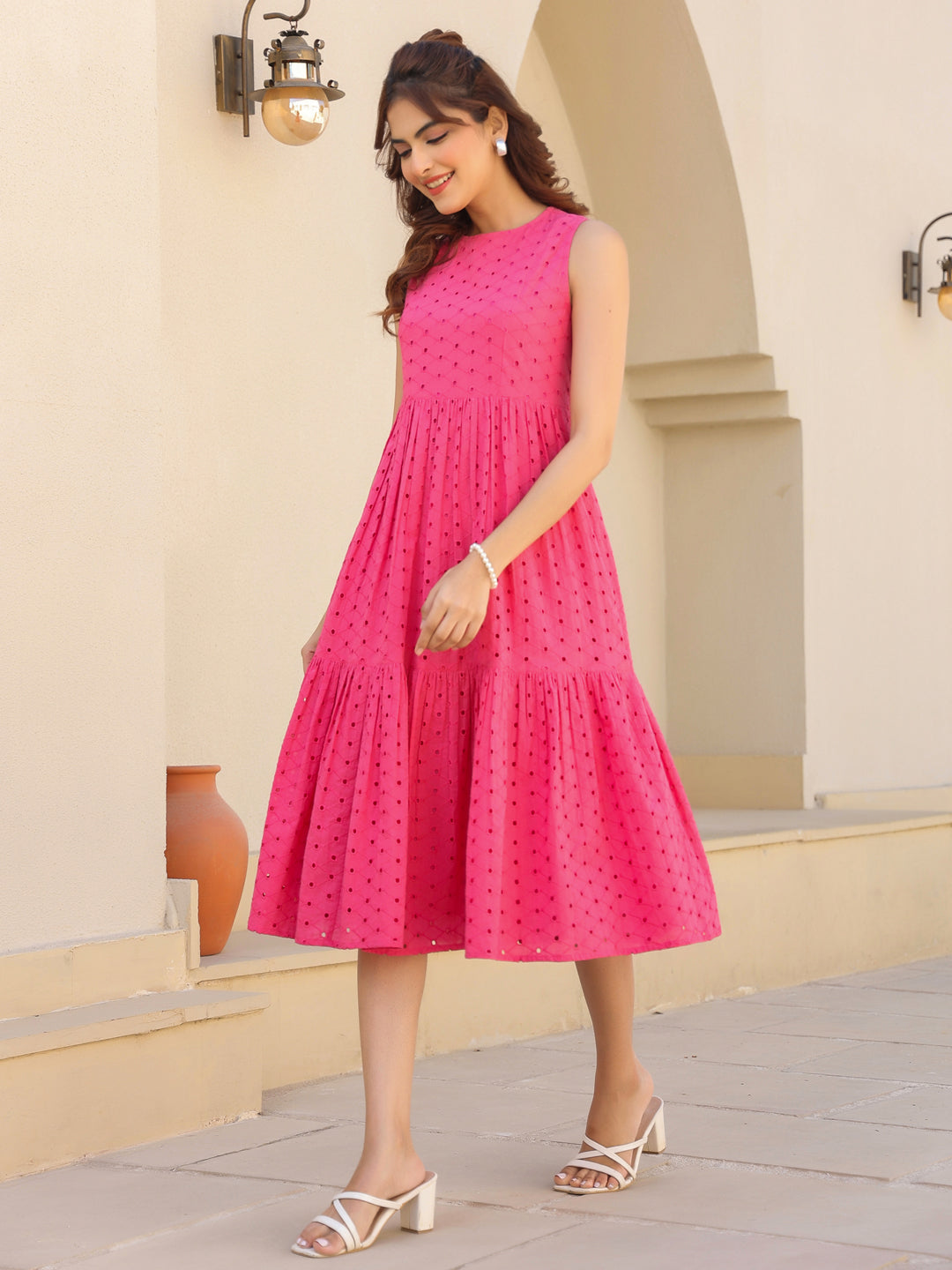 Janasya Women's Pink Pure Cotton Schiffli Tiered Dress