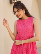 Janasya Women's Pink Pure Cotton Schiffli Tiered Dress