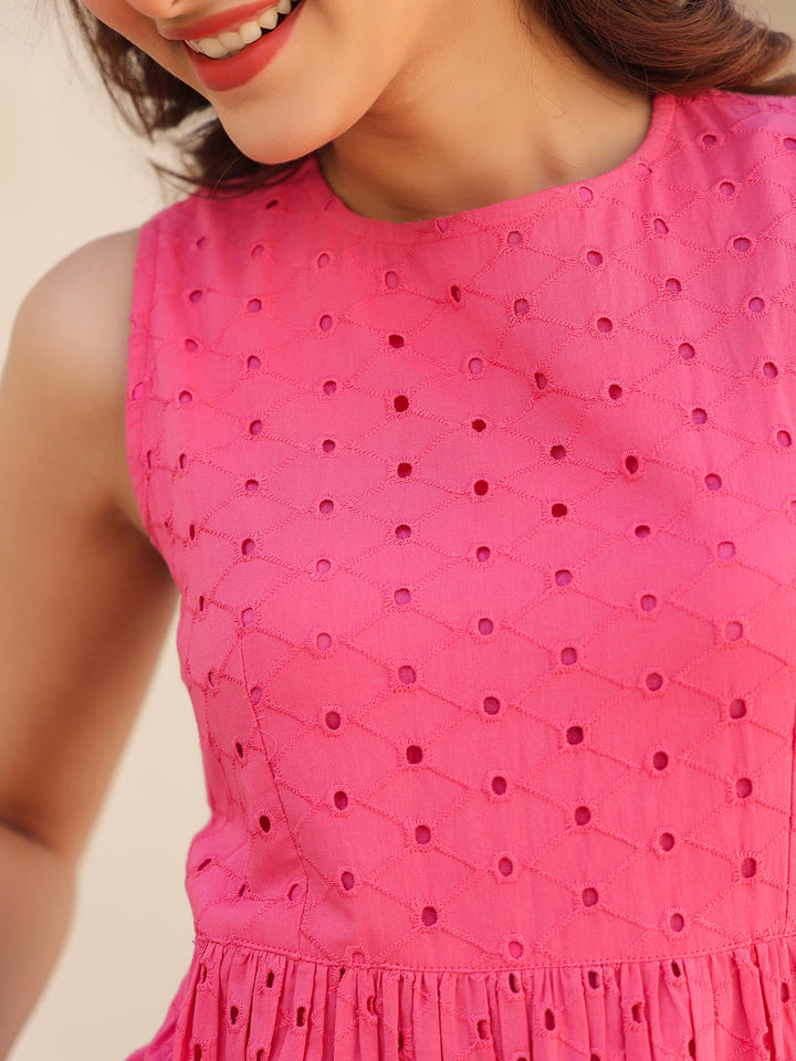 Janasya Women's Pink Pure Cotton Schiffli Tiered Dress - qivii