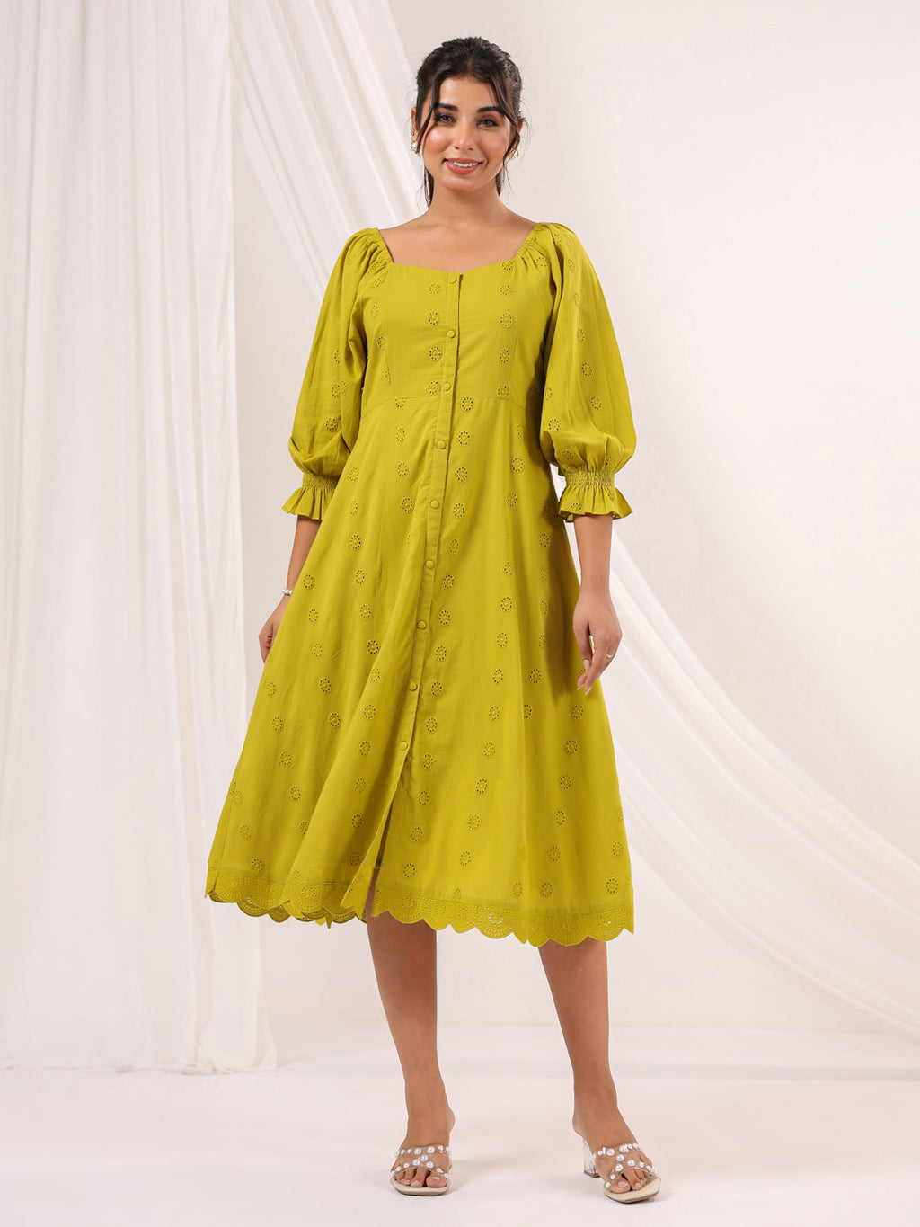 Janasya Women's Lime Green Pure Cotton Schiffli A line Dress