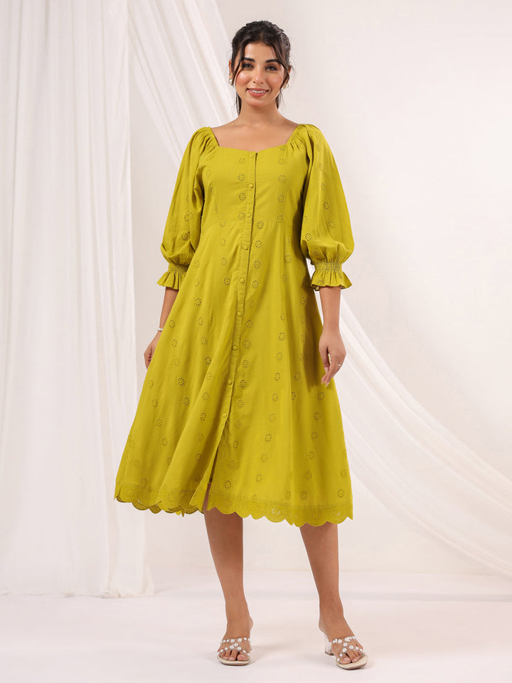Janasya Women's Lime Green Pure Cotton Schiffli A line Dress - qivii