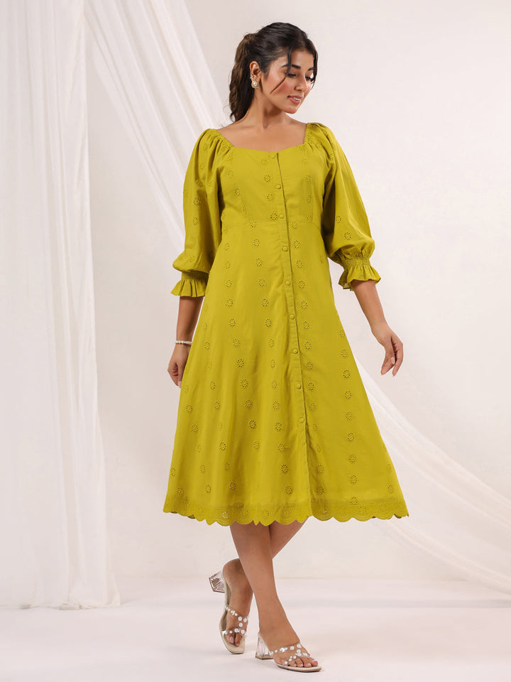 Janasya Women's Lime Green Pure Cotton Schiffli A line Dress - qivii