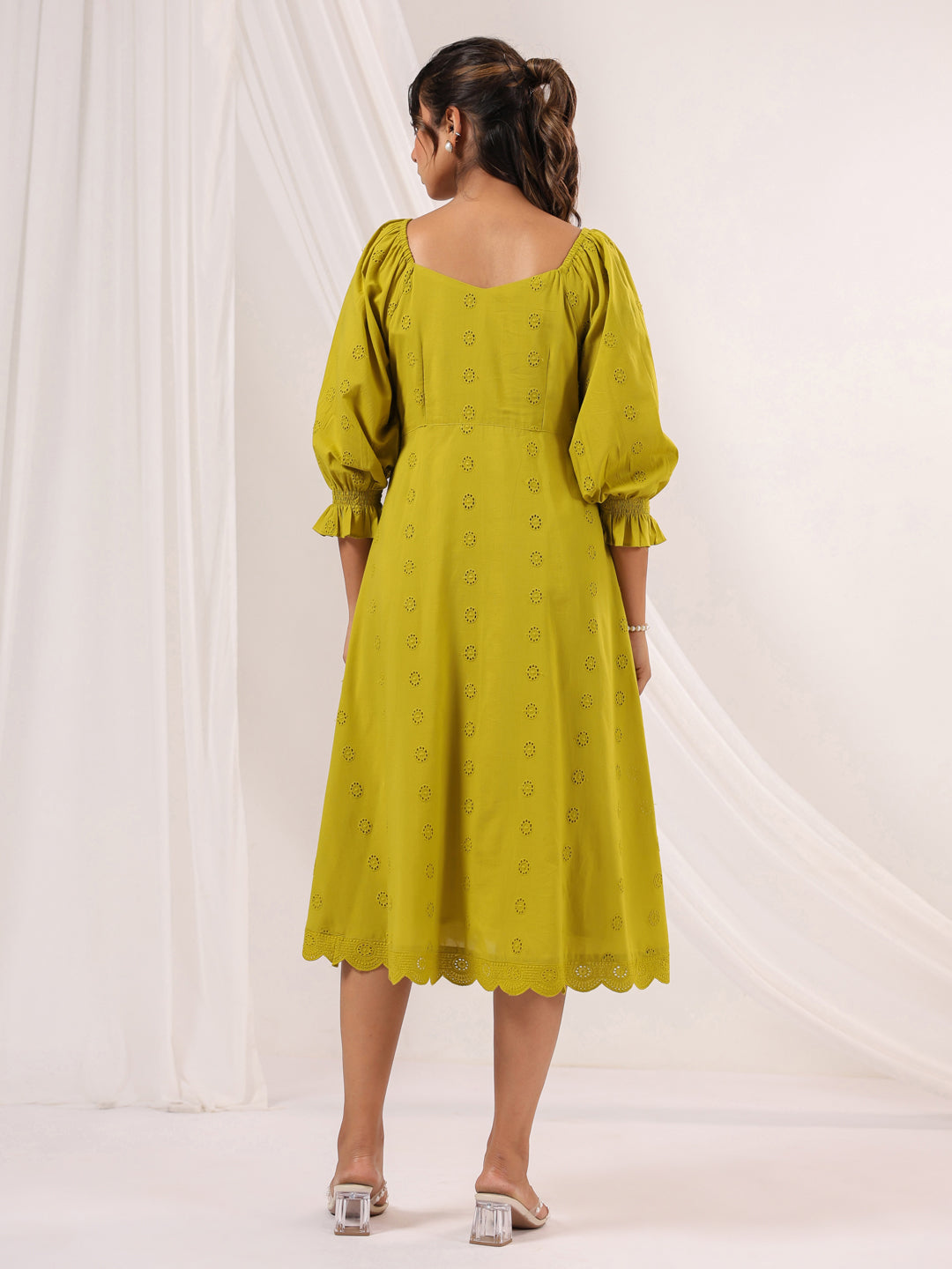 Janasya Women's Lime Green Pure Cotton Schiffli A line Dress