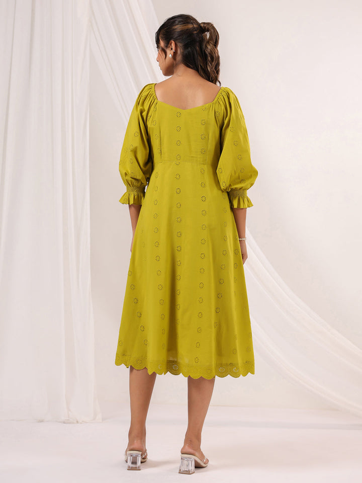 Janasya Women's Lime Green Pure Cotton Schiffli A line Dress - qivii