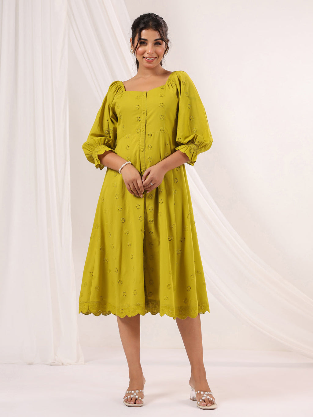 Janasya Women's Lime Green Pure Cotton Schiffli A line Dress