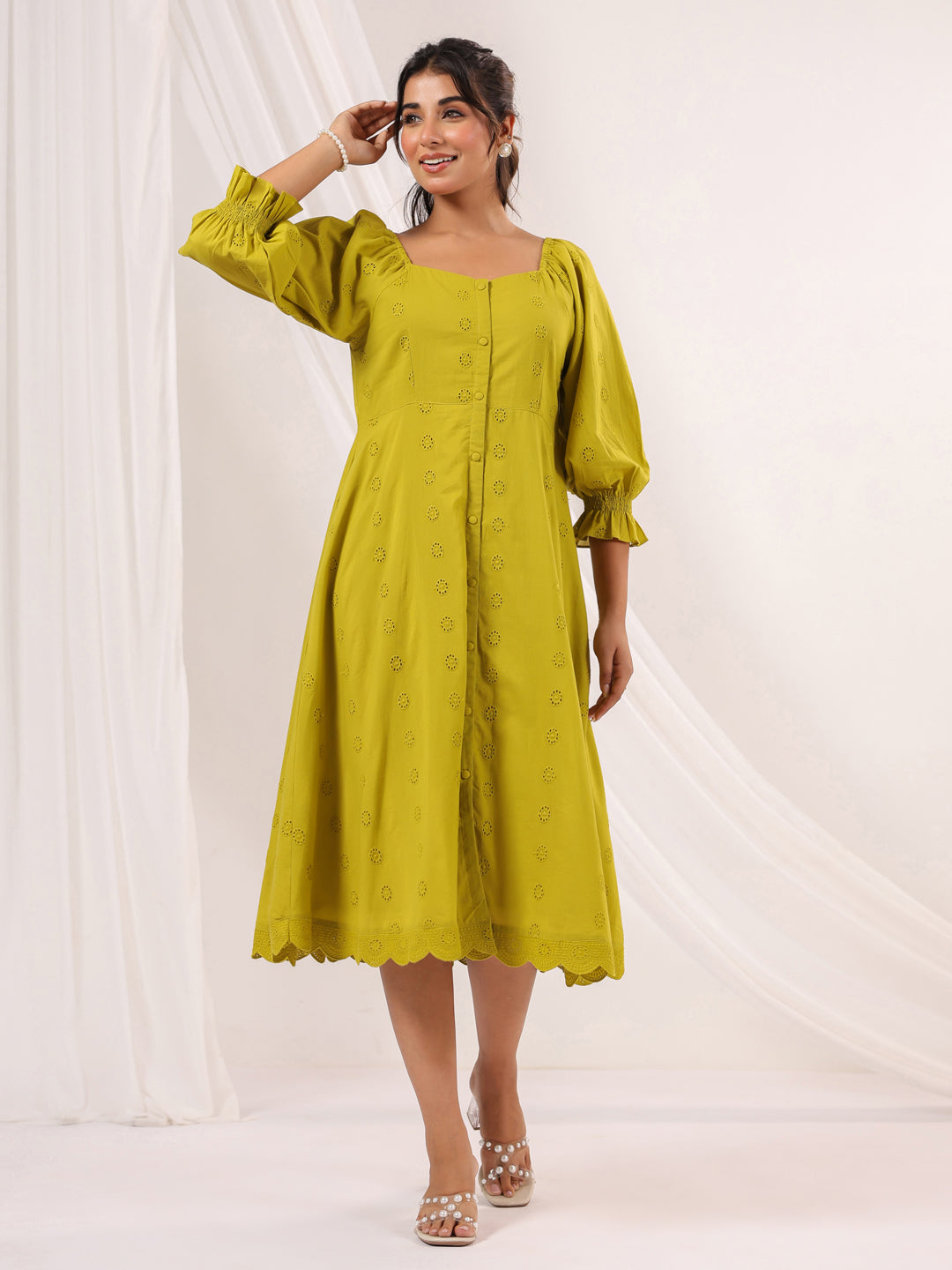Janasya Women's Lime Green Pure Cotton Schiffli A line Dress