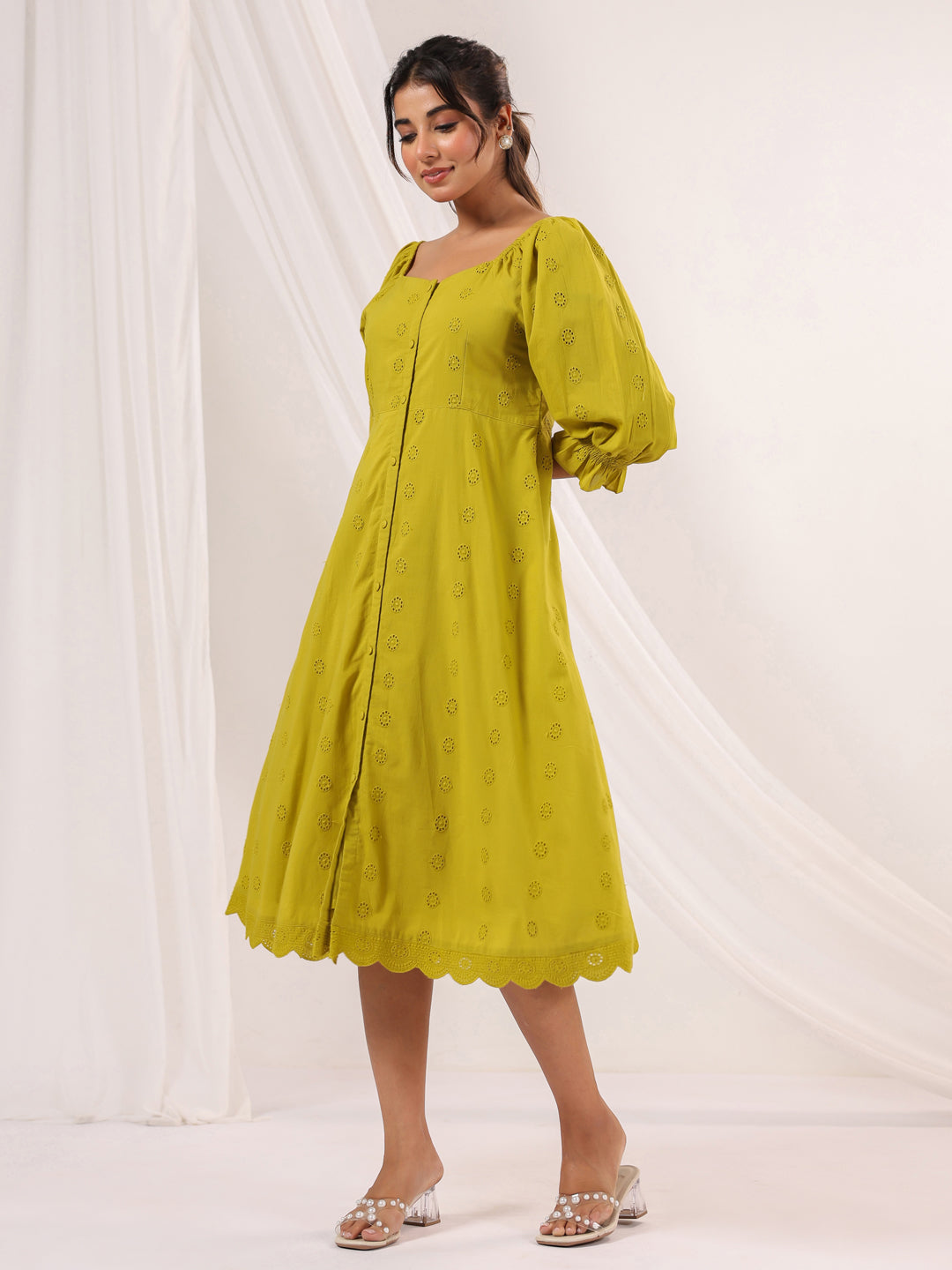 Janasya Women's Lime Green Pure Cotton Schiffli A line Dress