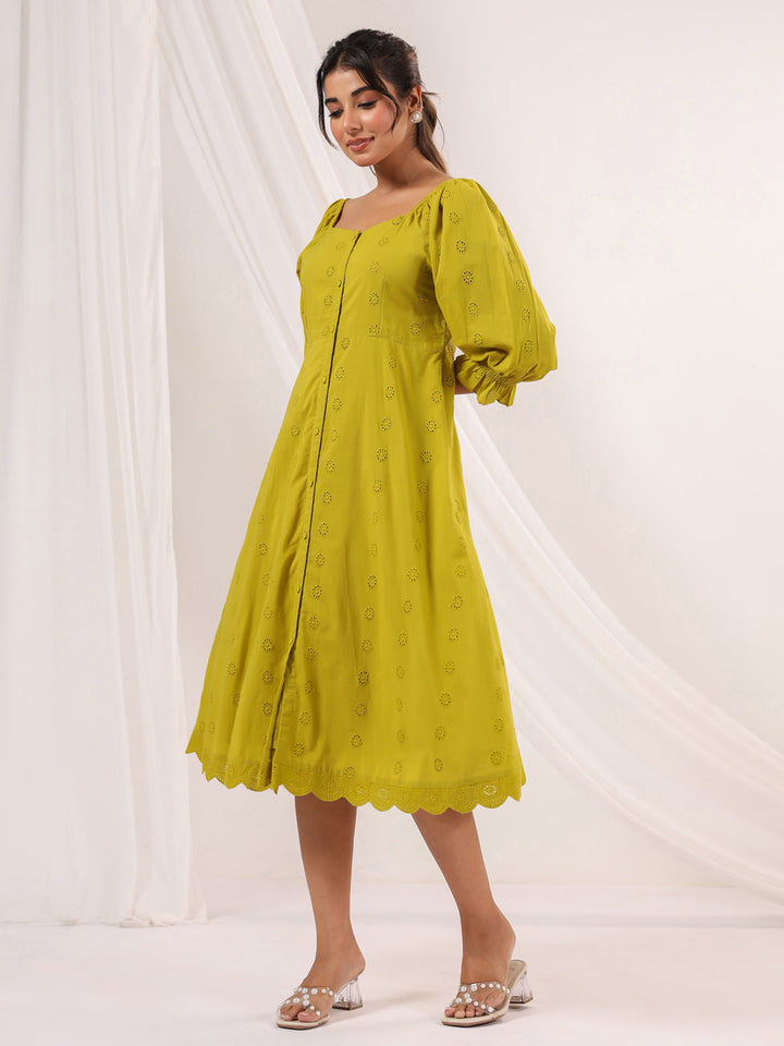 Janasya Women's Lime Green Pure Cotton Schiffli A line Dress - qivii