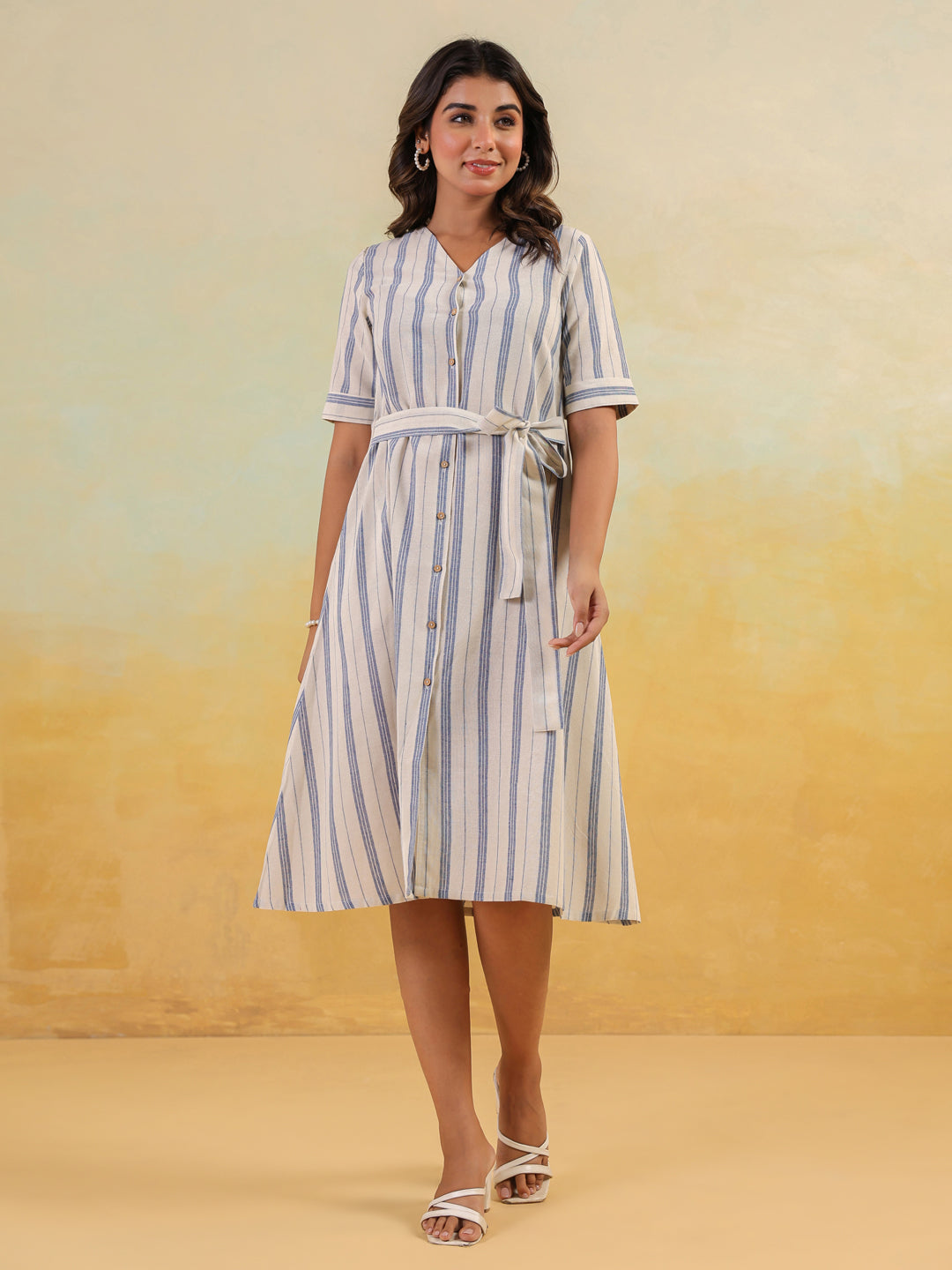 Janasya Women's White & Blue Cotton Striped Button Down A-line Dress