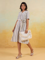 Janasya Women's White & Blue Cotton Striped Button Down A-line Dress