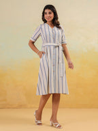 Janasya Women's White & Blue Cotton Striped Button Down A-line Dress