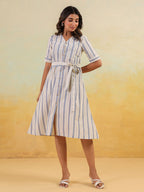 Janasya Women's White & Blue Cotton Striped Button Down A-line Dress