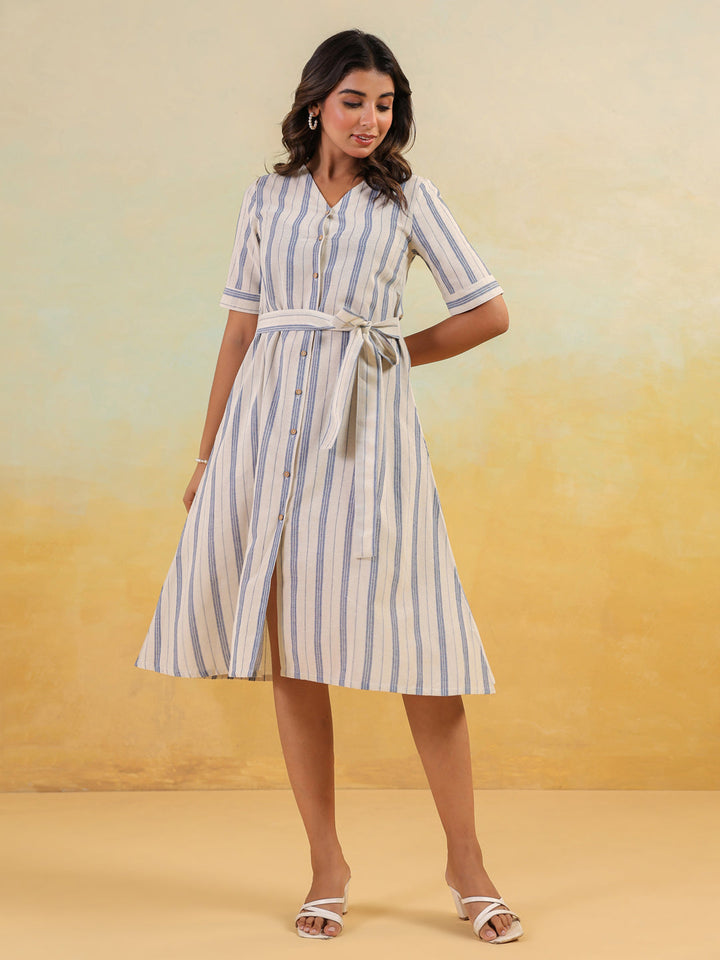 Janasya Women's White & Blue Cotton Striped Button Down A-line Dress - qivii