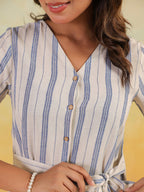 Janasya Women's White & Blue Cotton Striped Button Down A-line Dress