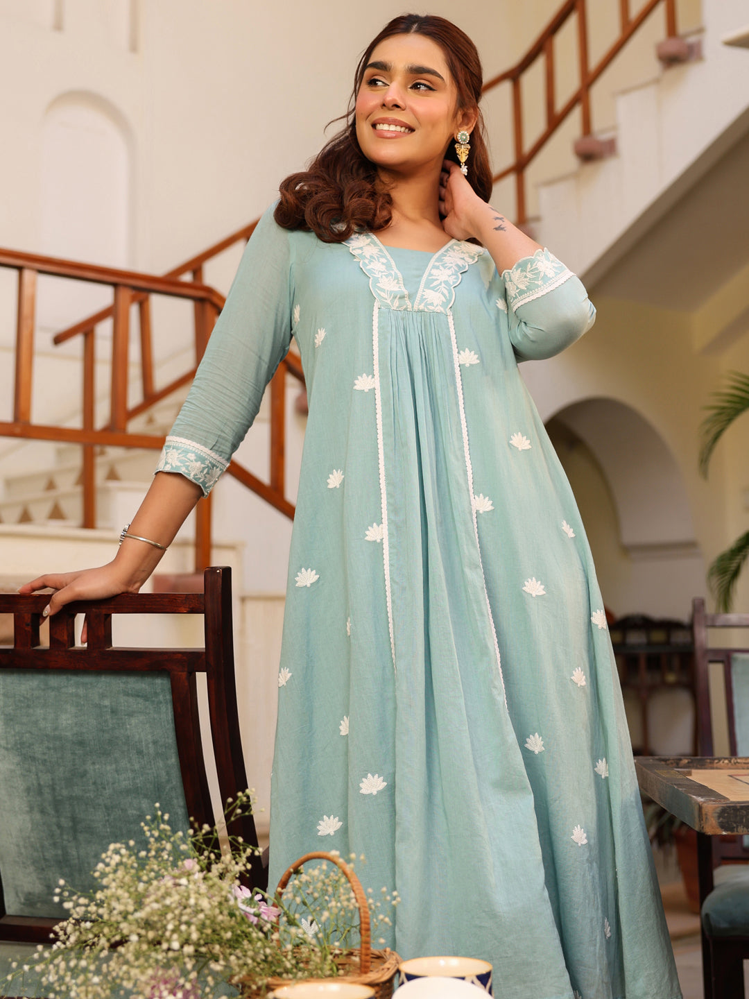 Light Blue Pure Cotton Embroidered A-line Kurta Pant Set