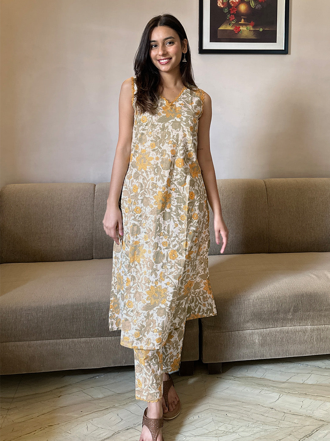 White Pure Cotton Floral Printed Straight Kurta Set