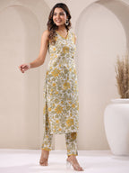 White Pure Cotton Floral Printed Straight Kurta Set