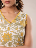 White Pure Cotton Floral Printed Straight Kurta Set